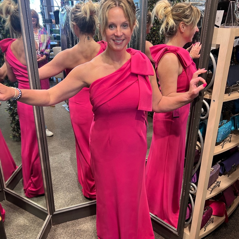 NWT! Stretch Crepe One Shoulder Mermaid Gown With Bow Accent In Hot Pink